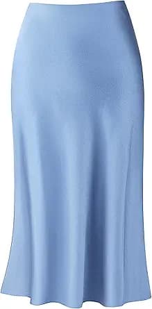 High Waist Silk Satin Midi Skirt (Light Blue)