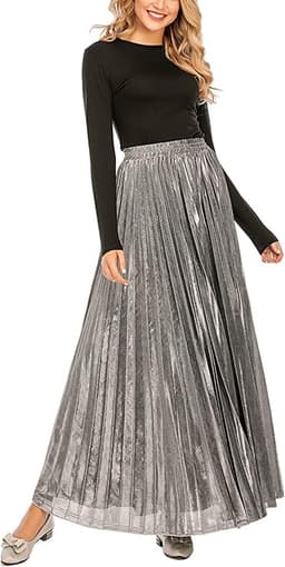CHARTOU Women\'s Premium Metallic Shiny Shimmer Accordion Pleated Long Maxi Skirt