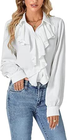 Dressy Ruffle Collar Button Down Blouse (Cream)