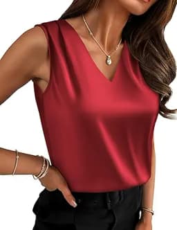 Silk Satin V-Neck Pleated Camisole Tank Top (Red)