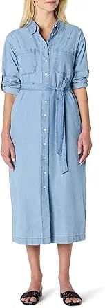 Amazon Essentials Womens Regular-Fit Denim Chambray Long-Sleeve Button-Up Midi Dress