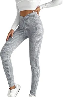 WDIRARA Women\'s Elastic Waist Leggings Ribbed Knit Casual Long Pants