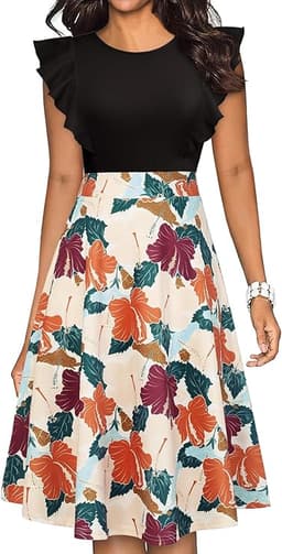 Women's Vintage Ruffle Floral Flared A Line Dress