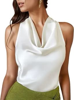 Cowl Neck Silk Satin Tank Top (White)