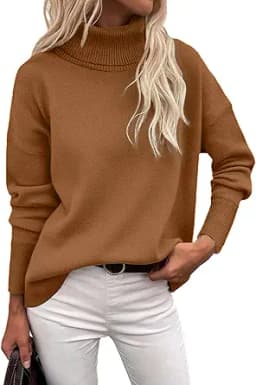 Turtleneck Chunky Knit Pullover Sweater (Brown)
