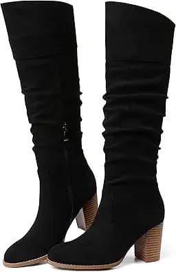 Suede Knee-High Chunky Block Heel Boots (Black)