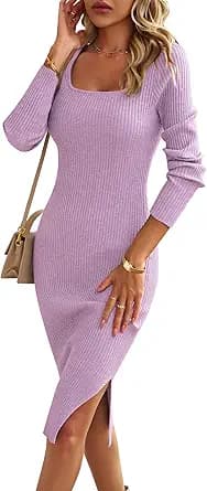 VintageClothing Women\'s 2025 Fall Long Sleeve Sweater Dress Square Neck Side Slit Bodycon Ribbed Knit Slim Fit Midi Dress
