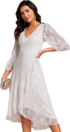 Ever-Pretty Women\'s Elegant V Neck Lace Long Sleeves A Line Ruffles Hem Midi Length Wedding Guest Dress 02238