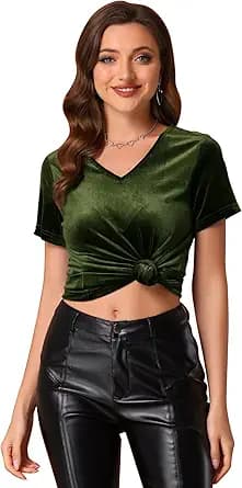 Allegra K Halloween Velvet Shirt for Women\'s Casual V Neck Short Sleeve Velvet Tops