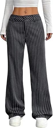 Floerns Women\'s Pinstripe Striped Low Waist Dressy Pants Straight Leg Casual Office Trousers
