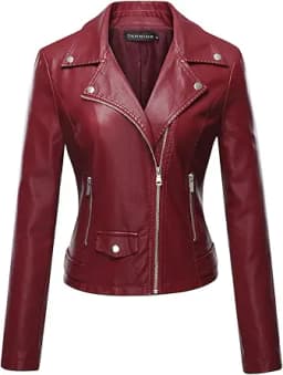 Faux Leather Moto Biker Jacket (Burgundy)