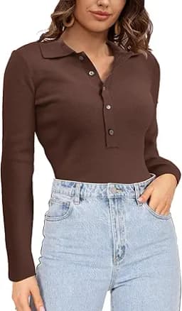 SuperPrity Long Sleeve Shirts for Women Spring Fashion V Neck Button Polo Sweaters Stretch Slim Fitted Knit Basic Tee Tops