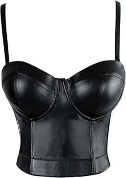 Spaghetti Strap PU Leather Bustier Crop Top (Black)