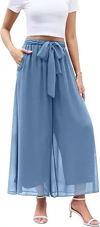 Wide Leg Chiffon Elastic Waist Pants (Blue)