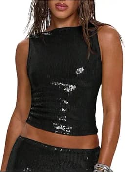 Sequin Sleeveless Party Crop Tank Top (Black)