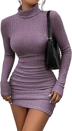 HBQ Women\'s Casual Sweater Dress Turtleneck Ribbed Bodycon Long Sleeve Mini Knit Dresses 2025 Fashion
