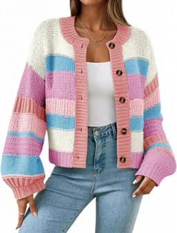 Striped Chunky Button Up Cardigan (Pink)