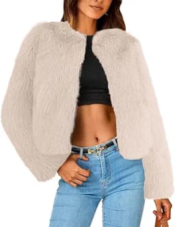 Faux Fur Cropped Open Front Jacket (Grey)