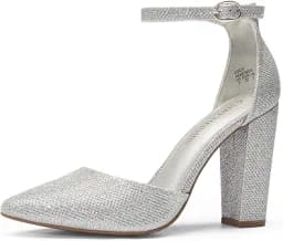 Chunky Block Heel Ankle Strap Pumps (Silver)