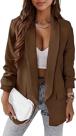 Oversized Long Sleeve Open Front Blazer (Brown)