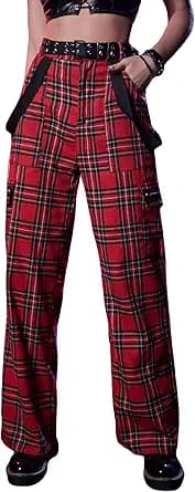 Plaid Print Elastic Waist Straight Leg Pants (Red)