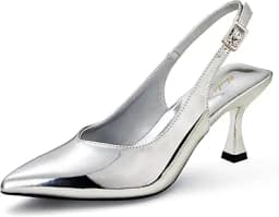 Kitten Heel Slingback Pointed Toe Pumps (Silver)