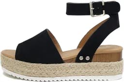 Open Toe Ankle Strap Espadrille Wedges (Black Fur)