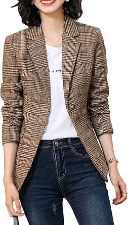 Notch Lapel Houndstooth Plaid Blazer (Tweed)