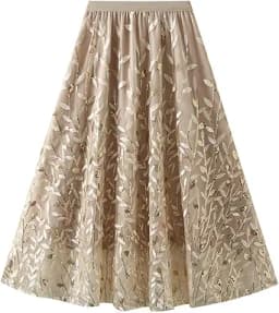 Sequined Embroidered Tulle Maxi Skirt (Gold)