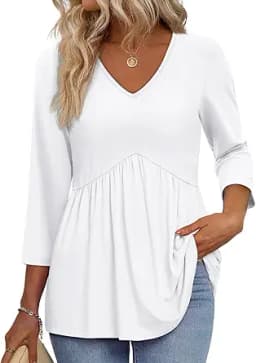 3/4 Length Sleeve V-Neck Babydoll Top (Cream)