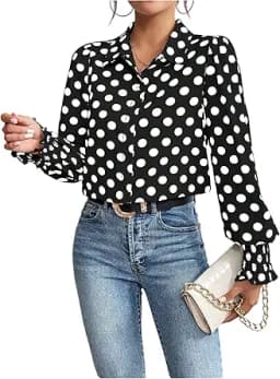 Polka Dot Ruffle Bishop Long Sleeve Blouse (Black)