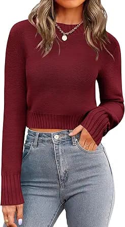 Zeagoo Women\'s 2025 Fall Crewneck Cropped Sweater Trendy Long Sleeve Ribbed Knit Pullover Jumper Tops
