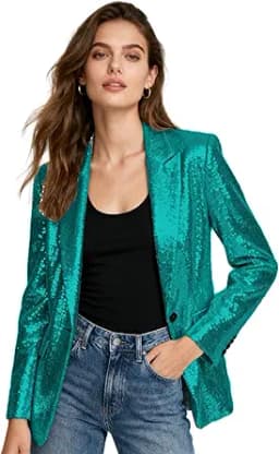 Sequined Open Front Blazer Jacket (Green)
