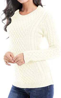 Crew Neck Knit Stretchable Long Sleeve Sweater (White)