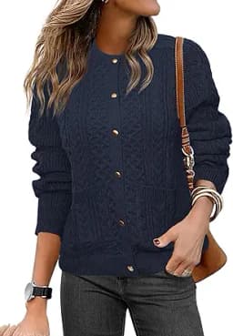Cable Knit Chunky Button Down Cardigan (Navy)