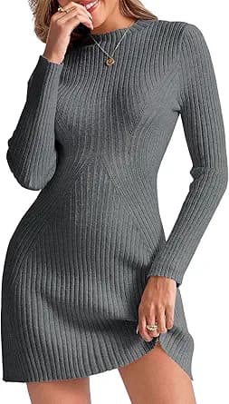 Long Sleeve Crew Neck Knit Sweater Dress (Grey)