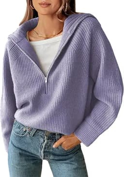 Quarter Zip Pullover Ribbed Knit Sweater (Lavender)