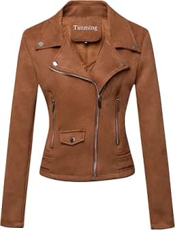 Faux Leather Moto Biker Jacket (Brown)