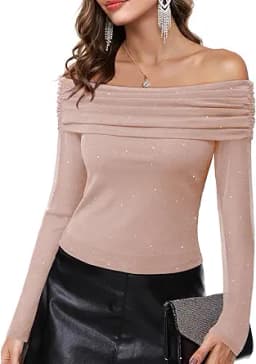 Women\'s Off The Shoulder Long Sleeve Sexy Slimming Chiffon Sheer Mesh Ruched Blouse Tops