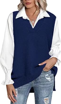 Sleeveless V-Neck Oversized Sweater Vest (Navy)