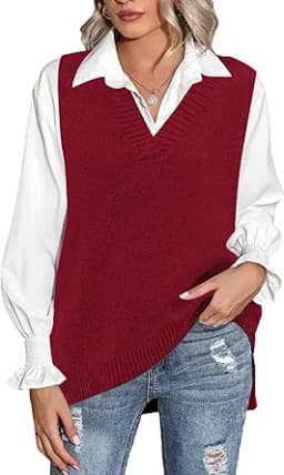 Sleeveless V-Neck Oversized Knit Sweater Vest (Red)