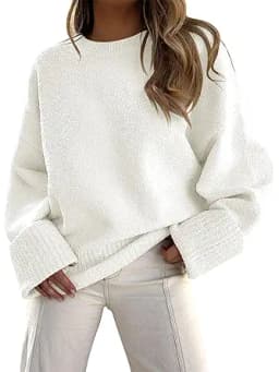Oversized Long Sleeve Fuzzy Knit Pullover (White)