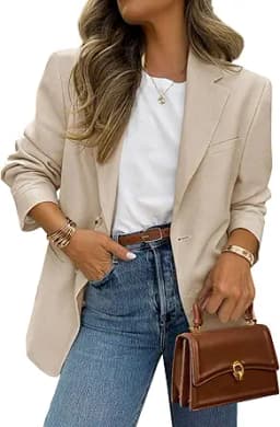 Long Sleeve Lapel Open Front Blazer (Beige)