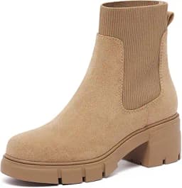 Chunky Block Heel Chelsea Ankle Boots (Tan)