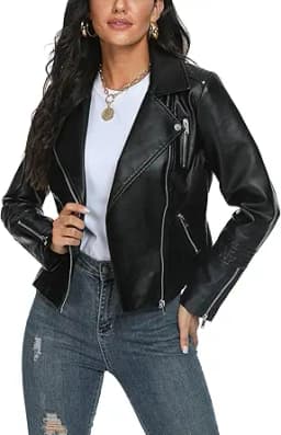 Faux Leather Moto Biker Jacket (Black)