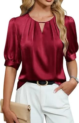 Silk Puff Sleeve V-Neck Pleated Blouse (Red)