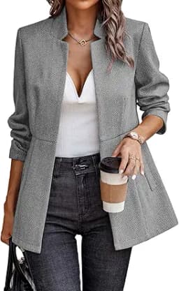 Open Front Herringbone Blazer (Grey)