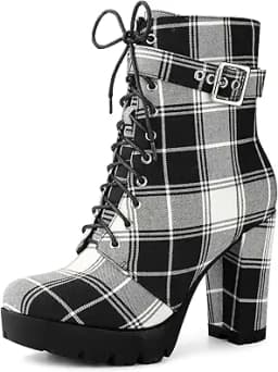 Perphy Platform Lace Up Chunky Heel Plaid Printed Ankle Combat Boots for Women