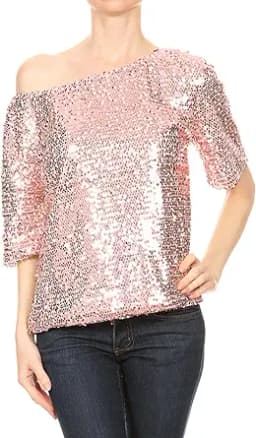 Anna-Kaci Womens Short Sleeve One Shoulder Sparkly Glitter Sequin Top Shirt Blouse