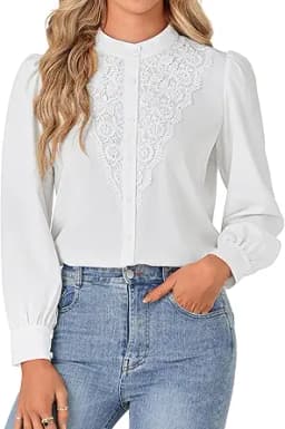Lace Mock Long Sleeve Button Down Blouse (White)